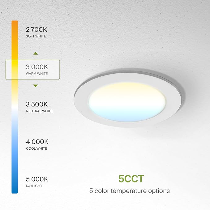 ASD 6 Pack LED Recessed Lighting 4 Inch 12W, 5 CCT 2700K-5000K CRI90+, IC Rated Ultra Thin Dimmable Ceiling Lights with J Box, Canless Wafer Downlight, Round Slim Panel Light, Energy Star ETL, White