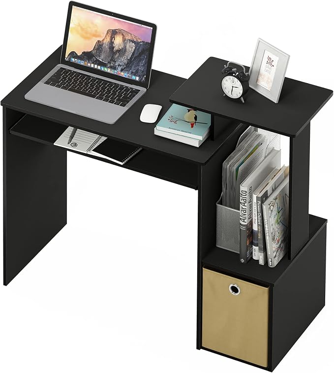 Furinno Econ 40-Inch Computer Desk Side Shelves, Office Desk with Keyboard Tray and Storage Bins, Rectangular Gaming Desk for Home Office, Bedroom, Study Room, Classic Black