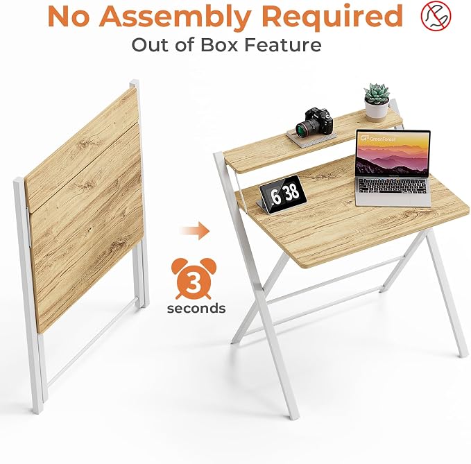 GreenForest Folding Desk No Assembly, Sturdy Computer Desk for Small Spaces | Portable Foldable Table for Laptop, 2-Tier Compact with Shelf, Space Saving for Home Office, Dorm, Apartment, 27.3"x 22" Oak