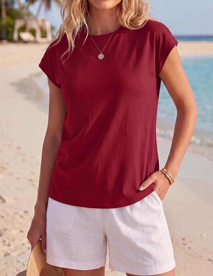 GRECERELLE Womens Summer Tops Cap Sleeve Crew Neck Basic T-Shirt | Everyday Casual Wear, Layering Friendly, Wrinkle-Resistant, Business Casual Ready, Lightweight & Packable, Capsule Wardrobe