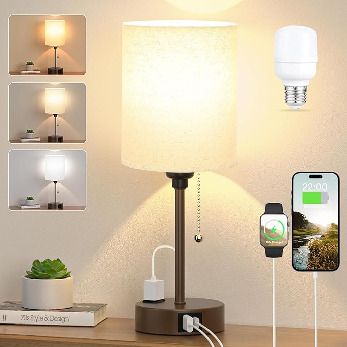 Dicoool Small Bedside Table lamp for Bedroom - 3 Color Temperatures Brown Bedside Lamps with USB C and A Ports, Pull Chain Table Lamps with AC Outlet, Black Nightstand Lamps for Kids Reading Study