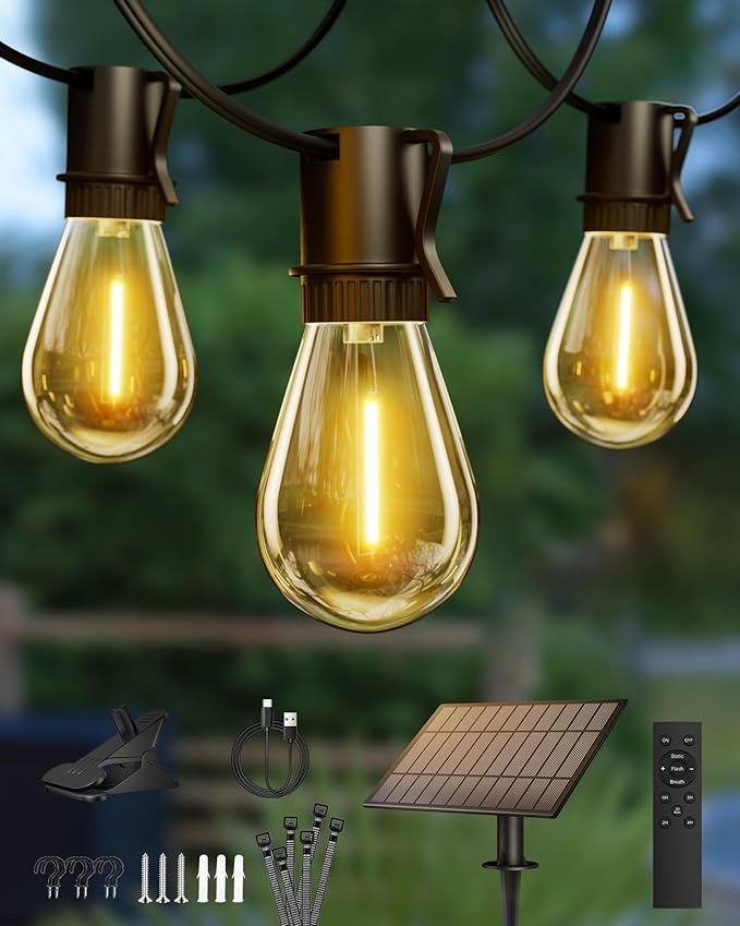Torkase Outdoor Solar String Lights, 30FT Waterproof S14 LED Patio Lights with 13 Shatterproof Bulbs, USB Rechargeable, 2200K Warm White, Energy-Saving Hanging for Garden, Porch, Bistro, Camping
