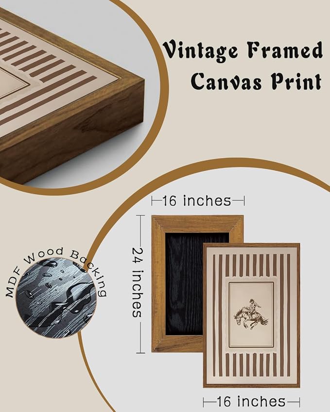 ZZLWBKGL Western Wall Decor Cowboy Canvas Art Vintage Framed Wall Art | Farmhouse Striped Painting Retro Nursery Artwork Mid Century Aesthetic for Living Room Bedroom 16x24in