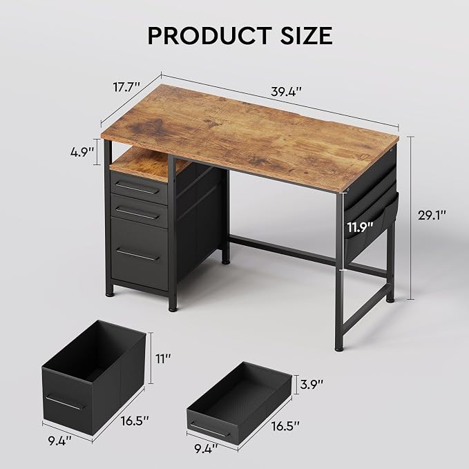 Maihail Small Desk with Drawers, Office Desk with Storage Shelves, Brown | 40 Inch Desktop, Metal Frame, 3 Fabric Drawers, Storage Shelves, Computer & Writing Desk, Office Gaming Workstation