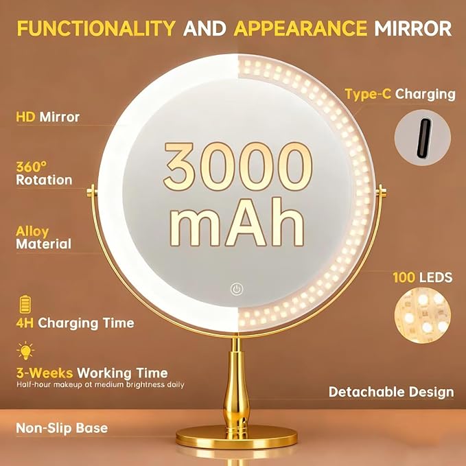 11.8" Extra Large Lighted Makeup Mirror, 1X/10X, 2-Sided Magnifying Mirror with 96 LEDs, 3 Color Dimmable Lights, 360° Swivel, LED Vanity Mirror, White - Great Gift Gold