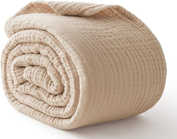 6 Layers Cotton Muslin Blankets Large, Lightweight Cotton Throw, Cooling Soft Throw Blanket for Year-Round Comfort, Breathable Quilt Bedspread, Gauze Weave Bedding for Adults, Oatmeal, Beige Linen