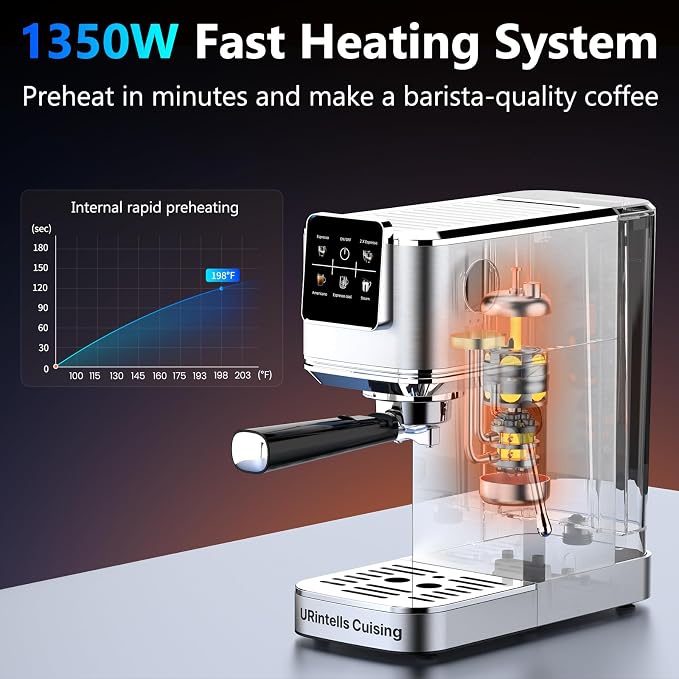 URintells Cuising Espresso Machine with Touchscreen And Cold Brew | 20Bar Pump,Stainless Steel Espresso Maker with Powerful Steam Milk Frother for Cappuccino Latte,Iced Americano
