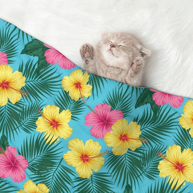 Reversible Plush Dot Pet Blanket for Dogs and Cats, Hawaii Tropical Floral Plants, Ultra Soft Two Sided Design with Warm Fuzzy Side and Smooth Side for Comfort