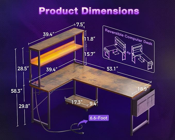 ODK 53" L Shaped Gaming Desk with Shelves, LED & Outlets, Vintage | Headset hook. Storage bag. Shelves for stationery & accessories. LED for late-night gaming. Reversible. Fits dual monitors.