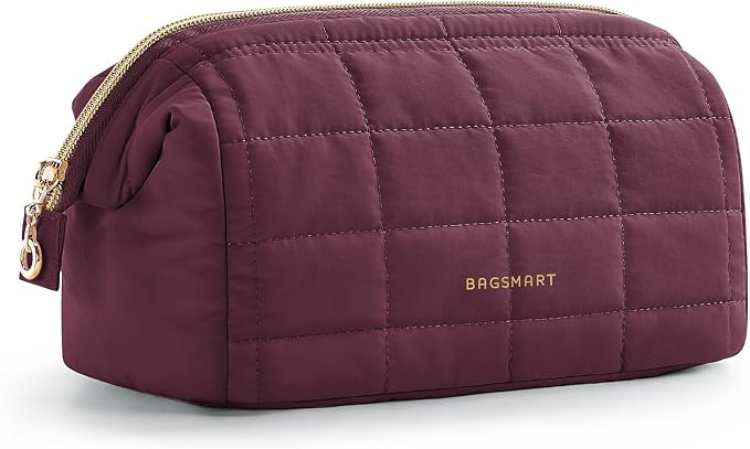BAGSMART Makeup Bag Travel Toiletry Bag, Zipper Pouch, Plum Purple | Wide-open, Puffy Padded, Travel Essentials, Make Up Bag, For Women, Makeup Organizer, Toiletries Accessories Brushes