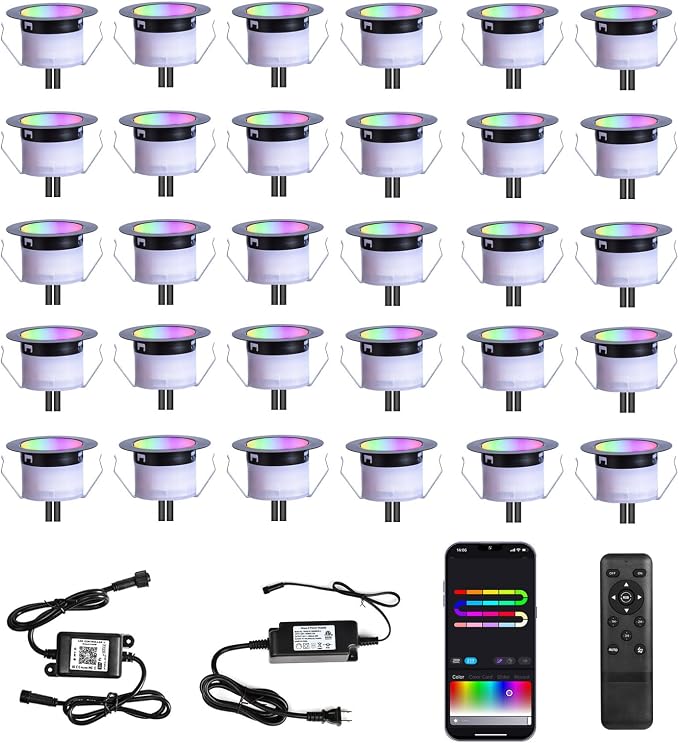 LED Deck Lights Kit, 30 Pack 1.77" Smart RGBW+IC Outdoor Lights | Low Voltage Recessed Deck & Step Lights | IP67 Waterproof Landscape Lighting for Stairs, Pool Deck & Garden | Works with Alexa/Google