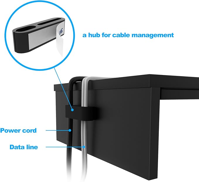 1home Ergonomic Monitor Stand Riser, 21.3 Inch Wood Desktop Stand with Cellphone Holder and Cable Management, Black | Wood Desktop Organizer with Cellphone Holder and Cable Management for PC, Laptop, Printer and Home Office Workspace