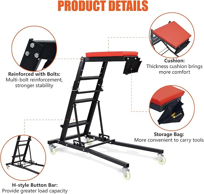 THDUGG Large Topside Creeper 48"-64" Height Range, 400 LBS Capacity Automotive Creeper Top Side Creeper Foldable Car Creeper with 4 Caster Wheels and Padded Deck for Auto Repair Maintenance