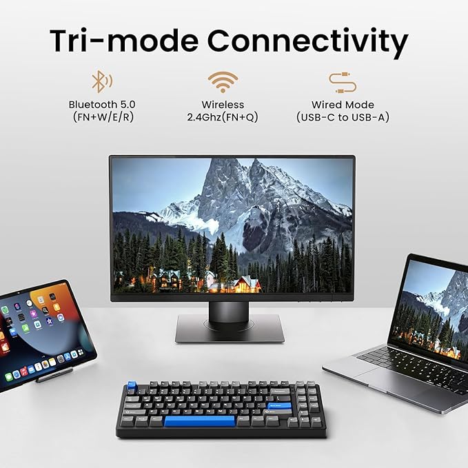 Kisnt KN85 Wireless Mechanical Keyboard, 75% Layout, Bluetooth/2.4GHz/USB-C, Custom RGB Backlit, Hot-Swappable Linear Switch, Creamy Sound for Gaming/Typing (Textured Black)