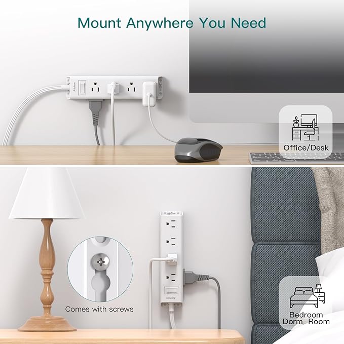 6Ft Extension Cord - Surge Protector Power Strip, Flat Plug, Addtam 12 Widely 3 Sides Outlet Extender, Wall Mount, Desktop Charging Station for Home Office College Dorm Room Essentials