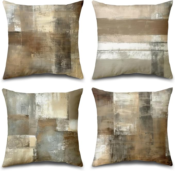 Abstract Throw Pillow Covers, Brown Tan Gray, 20x20, Set of 4 | Taupe Modern Abstract Art Decorative Cushion Covers, Neutral Pillow Cases for Sofa Couch Bedroom Living Room