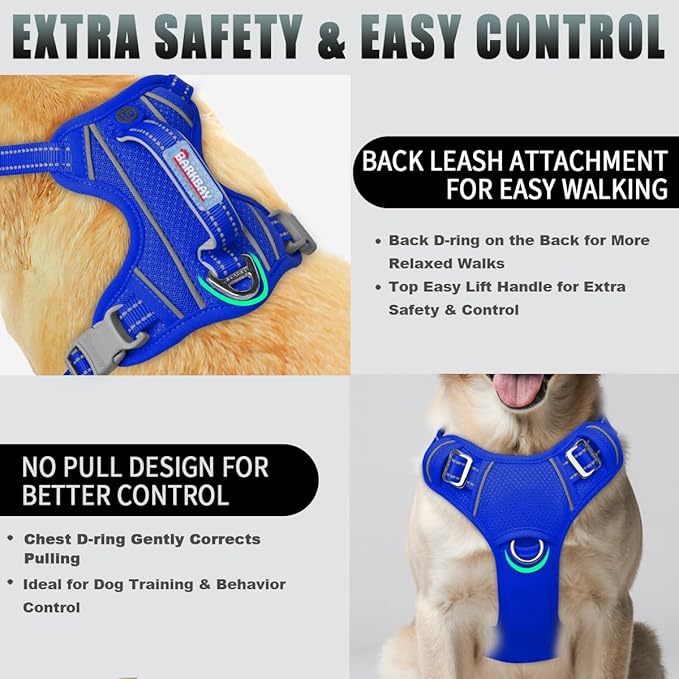 BARKBAY No Pull Dog Harness Large Reflective Dog Harness with Front Clip and Easy Control Handle for Walking Training Running with ID tag Pocket(Sapphire Blue,M)