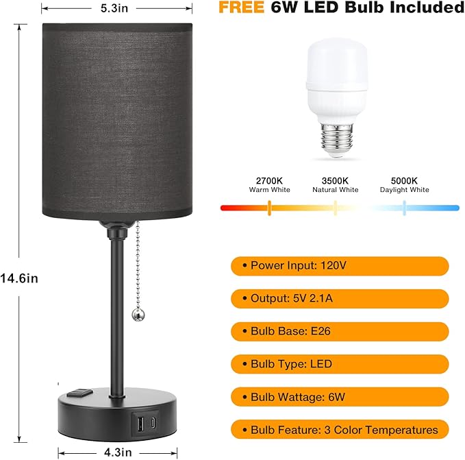 Dicoool Black Bedroom Lamp 3 Color Temperatures - Small Bedside Lamps with USB C and A Ports, Pull Chain Table Lamps with AC Outlet, Black Nightstand Light for Kids Sleeping