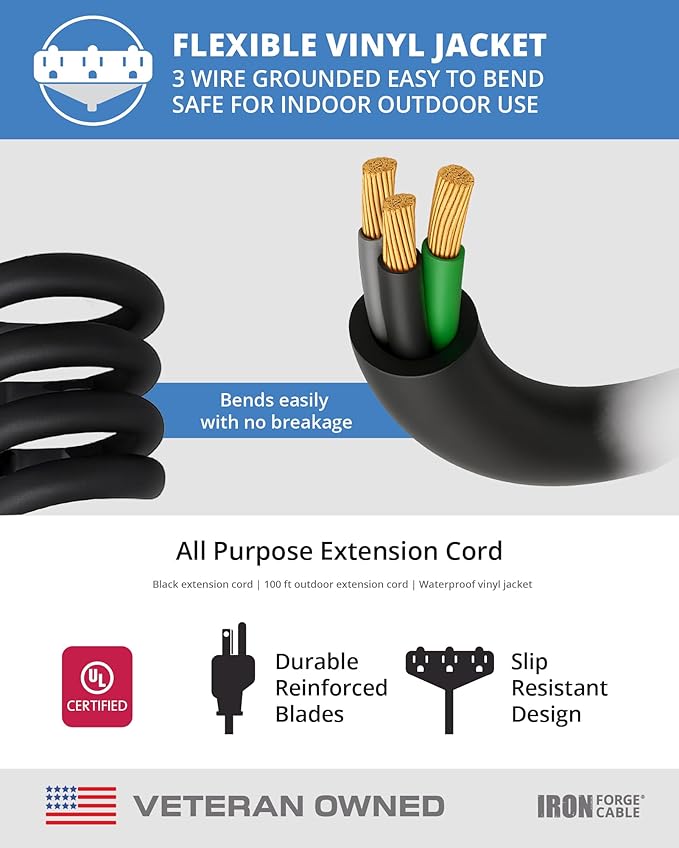 Iron Forge Cable 100 Ft Black Extension Cord with 3 Outlets - 16/3 SJTW 100 Foot Extension Cord 3 Prong, Weatherproof Exterior Power Cable for Outdoor