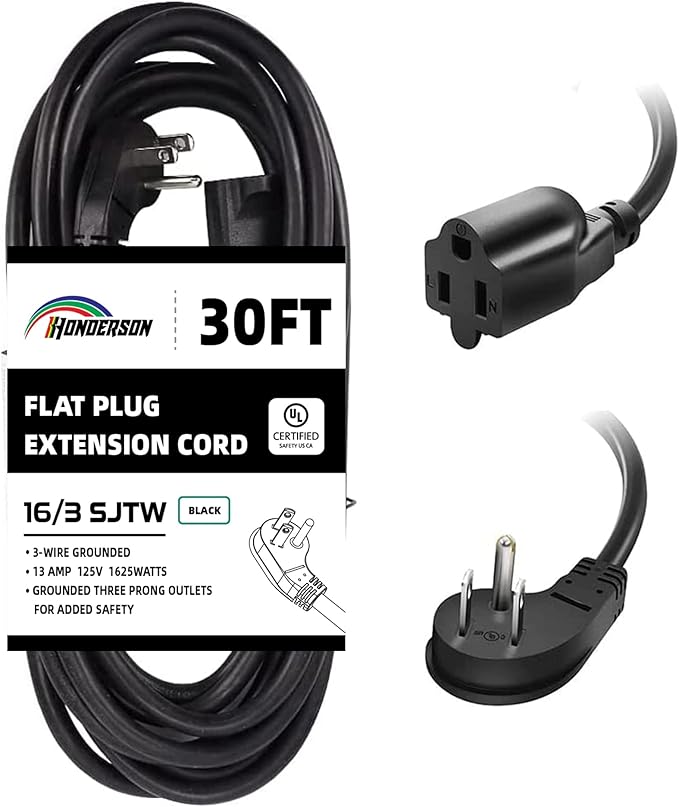 Flat Plug Indoor Extension Cord, UL Certified, 16 Gauge 30FT Black 3 Prong Heavy Duty, 16/3 SJTW 13A Power Cord for Lights, Appliances, Home
