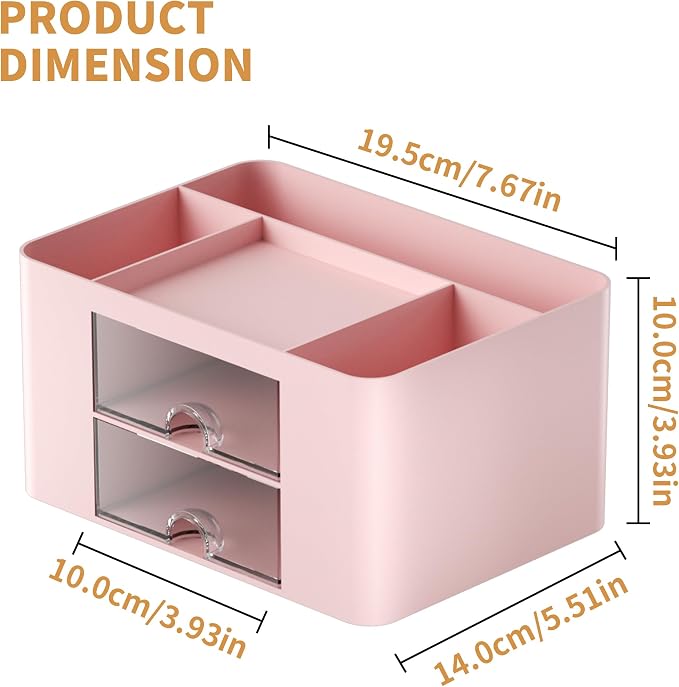 Marbrasse Pen Organizer with 2 Drawer, Multi-Functional Pencil Holder for Desk, Desk Organizers and Accessories with 5 Compartments + Drawer for Office Art Supplies (Pink)