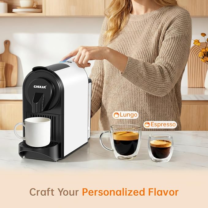 CHULUX Bafè-Pro Espresso Machine for Nes Original Pods, Fast Brewing, White | 1400W Rapid Heating, Espresso Lungo Buttons, Used Capsule Drawer, Auto-Eject System, 24oz Removable Reservoir, Mini Footprint