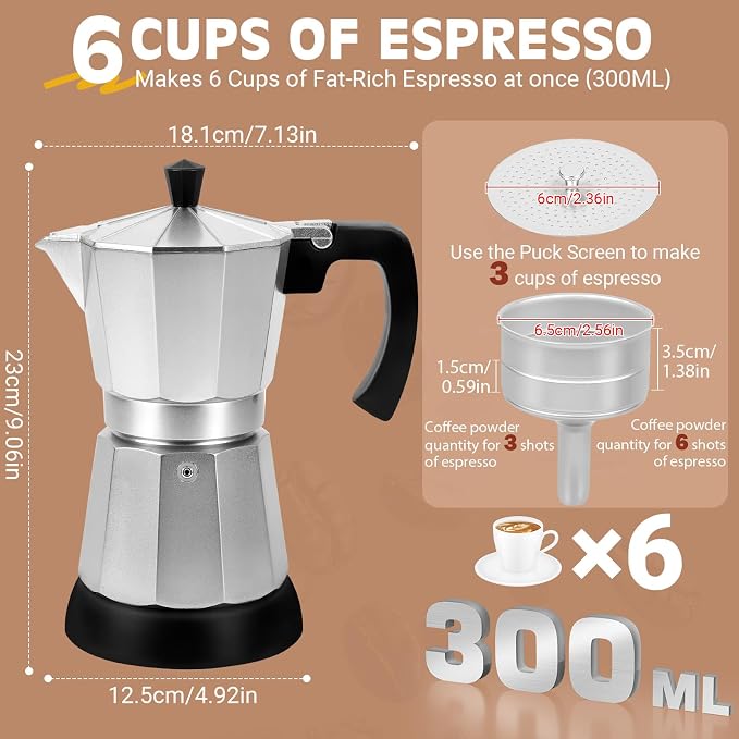 Electric Moka Pot, 3 or 6 Cup Espresso Coffee Maker, Silver | Food-grade aluminum, dose reduction plate, boil-dry protection, auto-stop, detachable base, for Cuban and Italian coffee