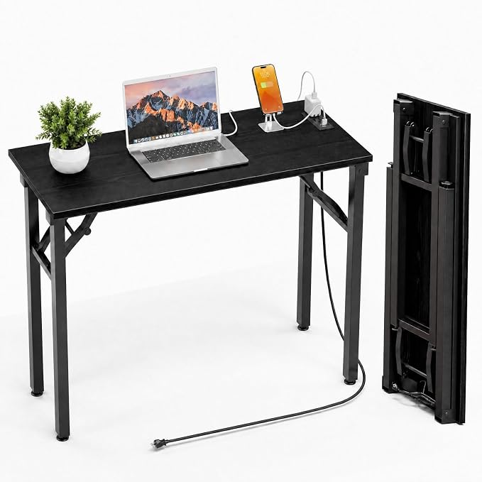 Folding Table Computer Desk - 35.8" No Assembly Folding Desk with Power Outlets & USB Charging Port, Small Desk, Foldable Office Desk, Compact Storage Portable Use for Small Space, Dark Oak