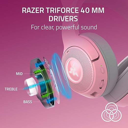 Razer Kraken Kitty V2 BT Wireless RGB Headset, Pink | Chroma RGB Kitty Ears & Earcups, Bluetooth 5.2, 40 mm Drivers, Noise-cancelling Mics, Lightweight, USB-C, 40 Hr Battery