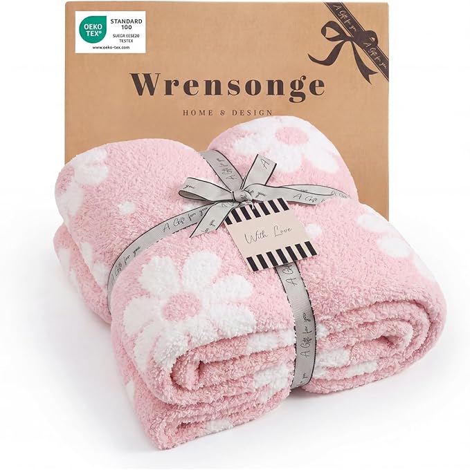 Soft Throw Blanket for Couch-Cozy Reversible Knitted Blankets | Lightweight Warm Fluffy Decor for Women, Mom, Her & Girls, Sofa, Chair, Bed, 50x60in, Daisy Floral Pink