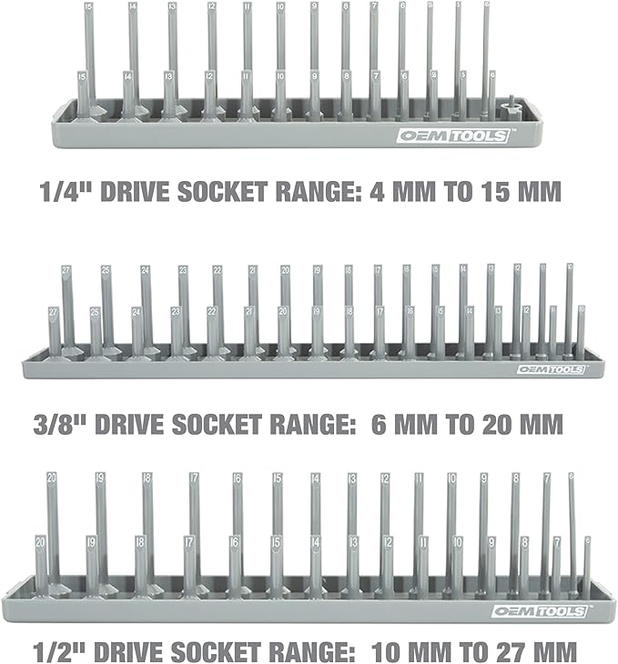 OEMTOOLS 22413 6 Piece SAE and Metric Socket Tray Set, SAE and Metric Socket Storage for Sizes 1/4", 3/8”, and 1/2" Drive, Socket Holders and Socket Organizer Tray for Toolbox, Red/Grey