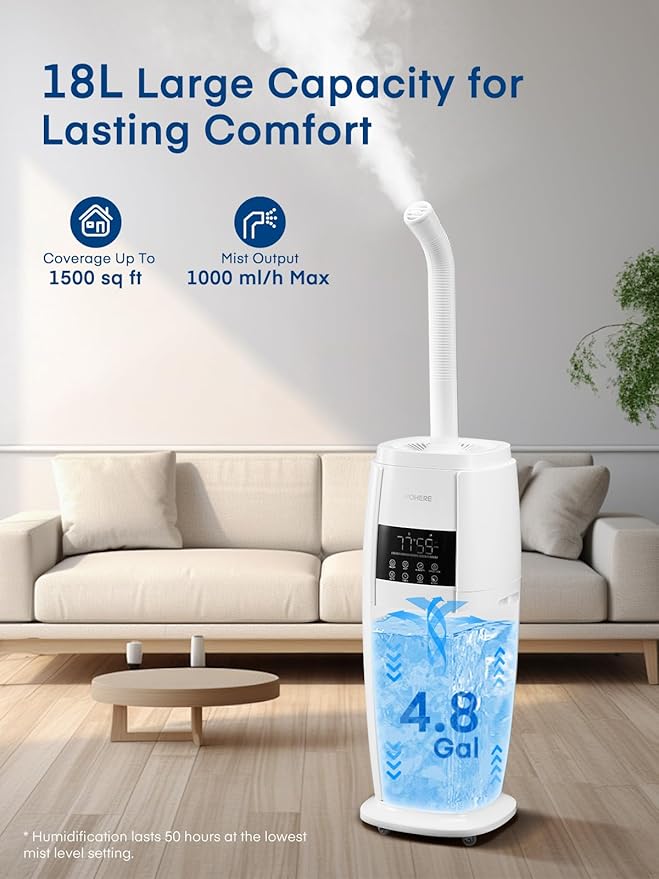 FOHERE 4.8Gal/18L Humidifier Large Room, Easy Top Fill Cool Mist Tower Humidifiers Quiet for Home, Plant, Office, Commercial, Whole House Cover up to 1500ft², with Smart Humidity Sensor, Remote, White