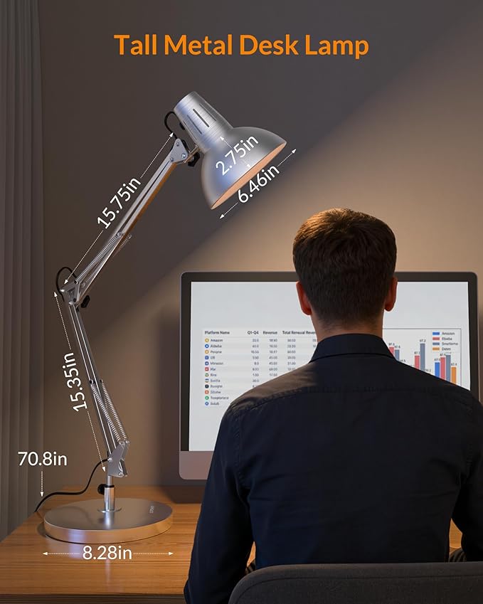 LEPOWER Metal Adjustable Desk Lamp with Clamp, Swing Arm for Home Office | Gooseneck, Architect Style, Eye-Caring Table Lamp, On/Off Switch, E26 Base, Reading for Dorm, Bedroom, Study, Back to School