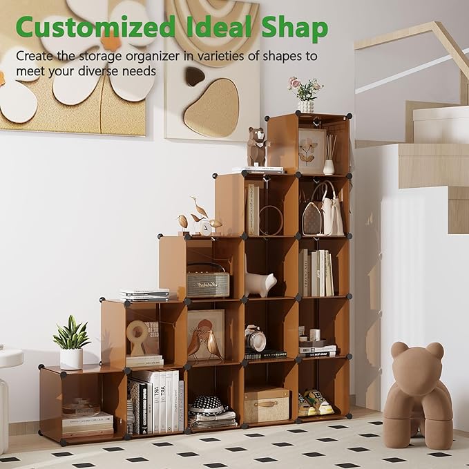 C&AHOME 16-Cube Storage Organizer, Plastic Shelves Units, DIY Closet Organizer, Modular Shelves Ideal for Home, Bedroom, 48.4" L 12.4" W 48.4" H Brown UPCS16C
