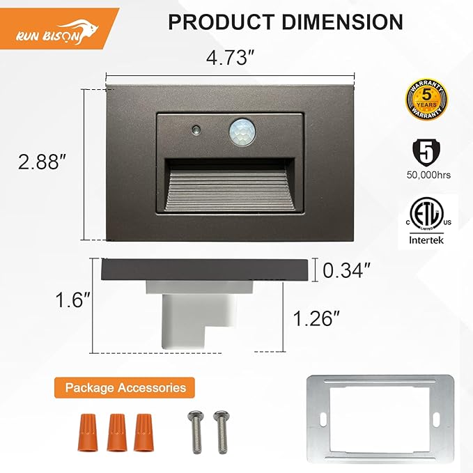 Horizontal LED Step Lights, Motion Sensor & Dusk to Dawn, IP65 Waterproof, 3000K-5000K Adjustable, 3W 120V Bronze Stair Lights Tread Lighting Indoor Outdoor, ETL Listed - 4PK