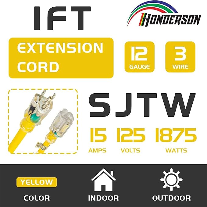 Extension Cord Weatherproof with Lighted End, UL Certified, 12 Gauge 1FT Yellow 3 Prong Heavy Duty, 12/3 SJTW 15A Power Cord for Lights, Lawn