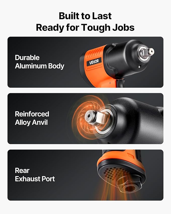 VEVOR Air Impact Wrench, 1/2" Drive Pneumatic Impact Wrench Up to 1100 ft-lbs Reverse Torque, 7500RPM 4-Speed Adjustable & Lightweight Pneumatic Gun for Auto Repairs and Maintenance