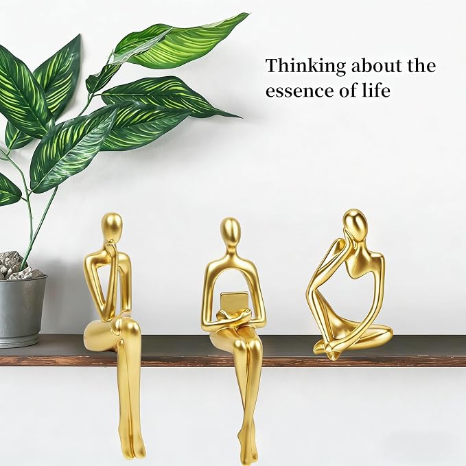 Prettidecor Gold Decor Reading Thinker Resin Statues Set of 3 | Office Coffee Shelf Table Desk Decor Abstract Decoration for Living Room Bedroom Collectable Figurines