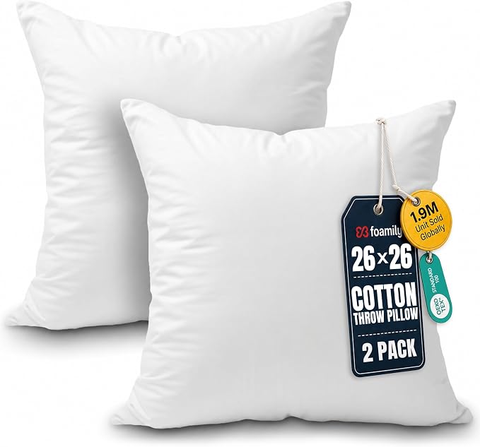 Foamily 26x26 Euro Pillow Inserts, Set of 2, 100% Cotton Cover, White | Cotton cover, plush down-alternative fill, machine washable Fits 26x26 euro covers, shams Bed, couch, daybed