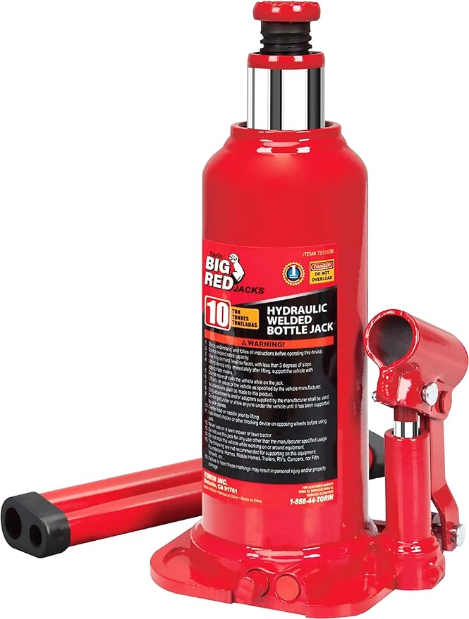 BIG RED T91003B Torin Hydraulic Welded Bottle Jack, 10 Ton (20,000 lb) Capacity, Red & T43202 Torin Steel Jack Stands: 3 Ton (6,000 lb) Capacity, Red, 2 Count (Pack of 1)