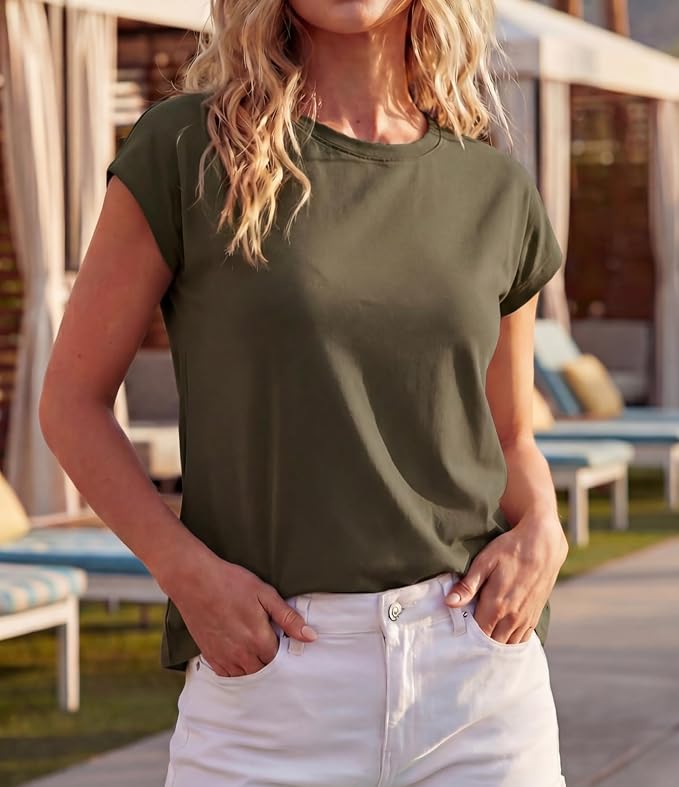 GRECERELLE Womens Summer Tops Cap Sleeve Crew Neck Basic T-Shirt | Everyday Casual Wear, Layering Friendly, Wrinkle-Resistant, Business Casual Ready, Lightweight & Packable, Capsule Wardrobe