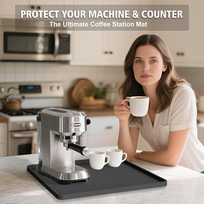 Silicone Coffee Mat 16"x16", Single Piece Anti-Vibration Under Coffee Maker Mat, Non-Slip Espresso Machine Mat with 10mm Raised Edge, Noise Reduction Countertop Protector, Fits Breville Ninja Keurig