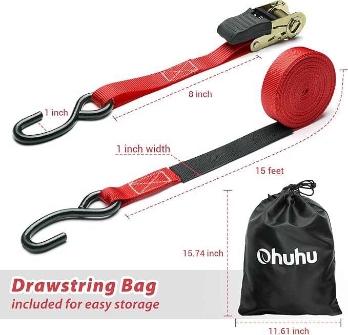 Ratchet Tie Down Strap 8-Pack 15 Ft - 500 lbs Load Cap with 1500 lbs Breaking Limit, Ohuhu Ratchet Tie Downs Logistic Cargo Straps for Moving Appliances, Motorcycle (Red)