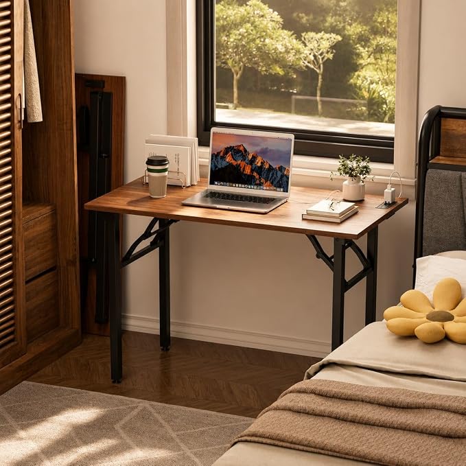 Folding Table Computer Desk - 43.3" No Assembly Folding Desk with Power Outlets & USB Charging Port, Small Desk, Foldable Office Desk, Compact Storage Portable Use for Small Space, Dark Walnut