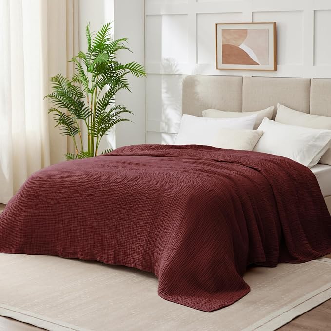 100% Cotton Muslin Blanket 50"x 60", 6 Layers Breathable and Lightweight Cotton Throw Blankets for Couch, Soft Cooling Summer Gauze Blanket for Adults All Season, Burgundy