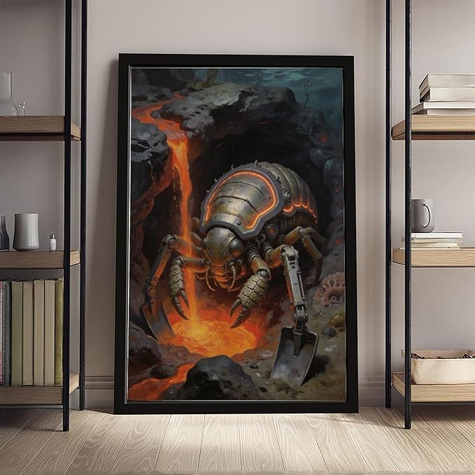 Framed Steampunk Mechanical Trilobite Wall Art - Volcanic Underwater Retro Poster for Garage Apartment Decor 20x30in