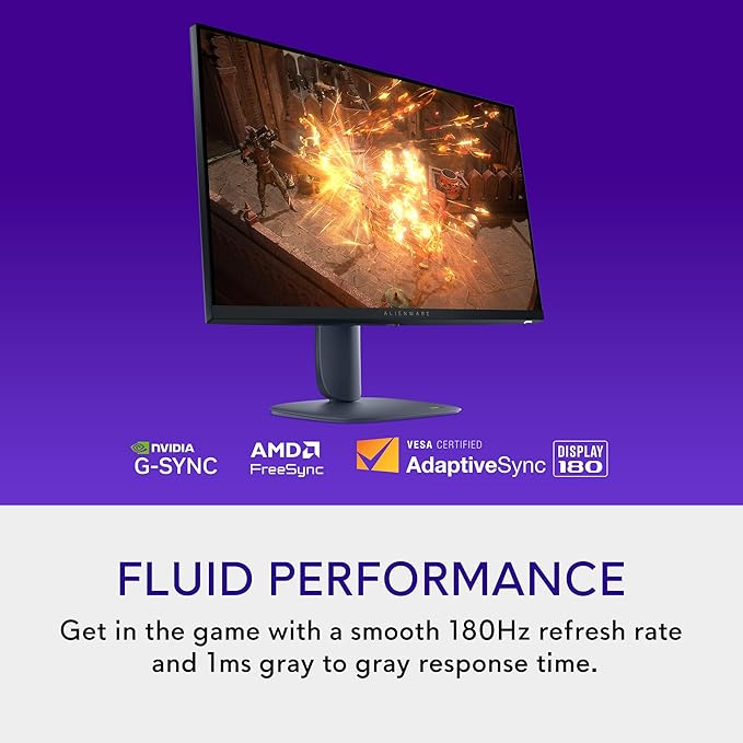 Alienware 27 Gaming Monitor AW2725DM, WQHD Fast IPS, 180Hz, G-SYNC, VESA | FreeSync, 95% DCI-P3, 1.07 Billion Colors, 400 cd/m2 Brightness, 3H Anti-Glare, HDMI 2.1, DisplayPort 1.4, USB, Adjustment