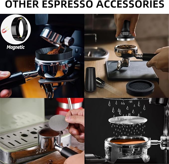 51mm Espresso Accessories 10 PCS - WDT Tool Kit， Coffee Tamper with Wood Espresso Tamping Station， Frothing Pitcher, Distributor, Stirrer, Dosing Funnel, Brush, Puck Screen， Latte Art Pen