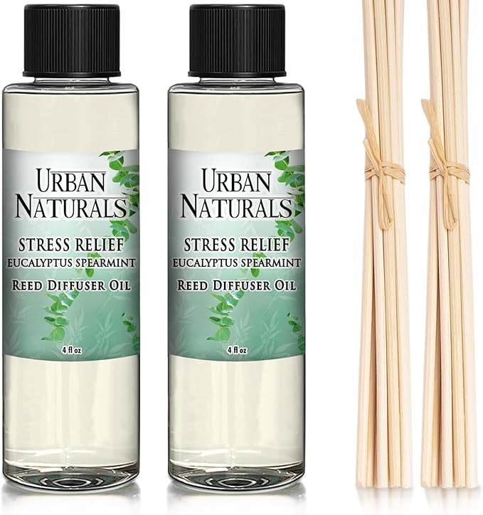 Urban Naturals Stress Relief Eucalyptus Spearmint Reed Diffuser Oil Refill | Fill Your own DIY Diffuser Bottle! Includes Replacement Reed Sticks, 4 oz (2 Pack)