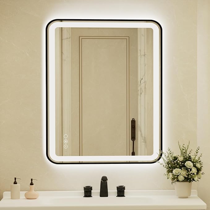 36x48 Inch LED Bathroom Mirror with Black Frame,Front and Backlit Vanity Mirror, Stepless Dimmable Wall Mirrors with Anti-Fog, 3 Colors, Memory, Waterproof, LED Smart Bathroom Mirror